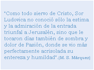 Cuadro de texto: "Como todo siervo de Cristo, Sor Ludovica no conoció sólo la estima y la admiración de la entrada triunfal a Jerusalén, sino que le tocaron días también de sombra y dolor de Pasión, donde se vio más perfectamente acrisolada su entereza y humildad".(M. S. Márquez)